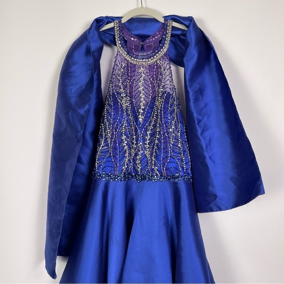 Juliet Blue Halter Sequin Formal Cocktail Dress w/ shawl sz 2XL Blue Purple - Picture 7 of 14